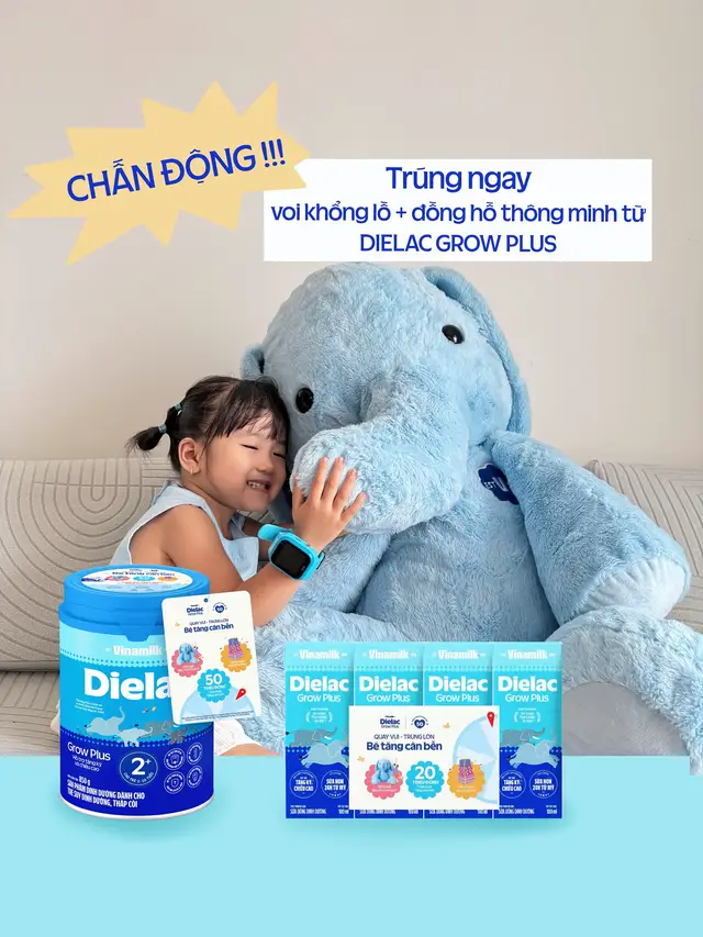 Mua Dielac Grow Plus cho bé mà rinh luôn quà hời, Voi bông khổng lồ siêu cưng, đồng hồ thông minh cực xịn. Mẹ nhớ tham gia chương trình để không bỏ lỡ cơ hội nhé! 🎁 #HoptacVinamilk #DielacGrowPlus #TăngCânBền #CaoLênRõ #QuayVuiTrúngLớn 