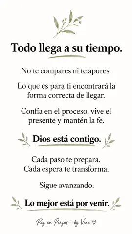 Todo llega a su tiempo. #ConfíaEnElProceso  A veces también necesitamos recordar que no todo llega cuando queremos, sino cuando toca. ¿Te cuesta esperar cuando no ves respuestas? Seguir confiando también es una forma de avanzar. Paso a paso, todo va encontrando su momento. ✨ #PazEnPiezas #Fe #ReflexionesDeVida #Confianza 