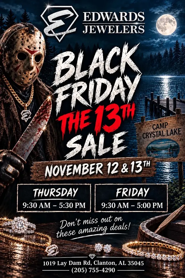 🎃 Something SPOOKTACULAR is happening at Edwards Jewelers! Get ready for TWO DAYS of AMAZING SAVINGS on November 12th & 13th! 🖤💍 Don’t let these deals slip away! 💎 25–75% OFF REGULAR PRICES STOREWIDE! 💎 🎄 Take advantage of these incredible savings and get a head start on your CHRISTMAS LAYAWAY! 🎁✨ Find the perfect gifts for everyone on your list while saving BIG! 📅 SALE HOURS: 🖤 Thursday, November 12th: 9:30 AM – 5:30 PM 🖤 Friday, November 13th: 9:30 AM – 5:00 PM 📍 Edwards Jewelers 1019 Lay Dam Rd Clanton, AL 35045 📞 205-755-4290 ⚠️ PLEASE NOTE: Sale is IN-STORE ONLY! Discounts apply to regular prices. 🚨‼️12 MONTHS — NO INTEREST FINANCING!‼️🚨 ✨ Whether you’re shopping for someone special or treating yourself, you don’t want to miss this frightfully fabulous sale! 🖤💎 🎃 MARK YOUR CALENDARS, TELL YOUR FRIENDS, AND COME SEE US! We can’t wait to see y’all! 👻💍