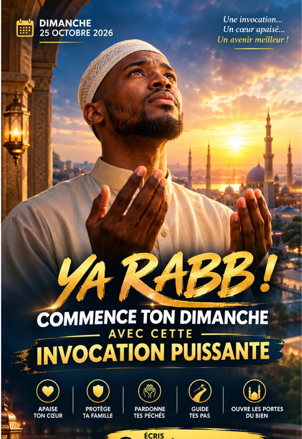 Description courte : Confie ce dimanche à Allah. Qu’Il apaise nos cœurs, protège nos familles et facilite nos épreuves. Âmîn. #Invocation #Doua #RappelIslamique #Allah 