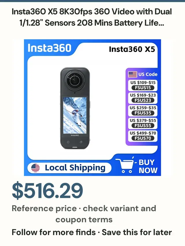 Insta360 X5 8K30fps 360 Video with Dual 1/1.28