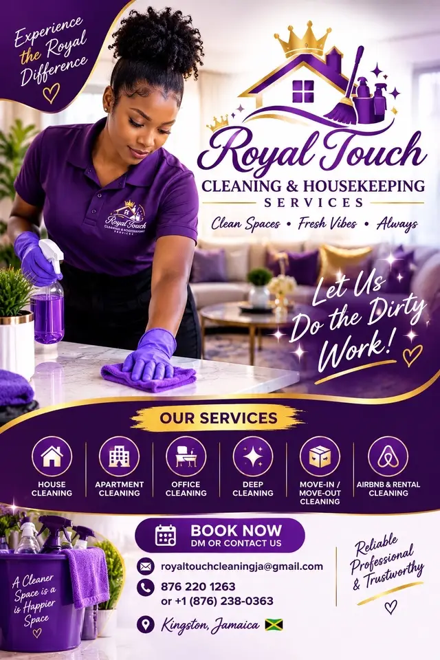 🇯🇲👑 KINGSTON, JAMAICA — SOMETHING FRESH IS COMING! 💜✨ Introducing Royal Touch Cleaning & Housekeeping Services! 🧹🏡 We’re preparing to bring a royal touch to your spaces. ✨ Clean Spaces • Fresh Vibes • Always. Follow our journey and share our page! 💜 #RoyalTouchCleaning #KingstonJamaica #CleaningServices #JamaicaBusiness