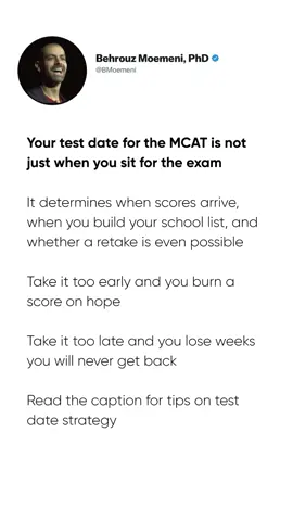 Most students pick a test date based on when they feel ready. That is not a plan, that is a gamble. Your test date controls your entire application timeline. Score release dates determine when you can finalize your school list. Application timing affects your place in the rolling admissions queue. And if you need a retake, you need runway, not regret. A May test gives you options. A July test gives you pressure. A September test can end your cycle before it starts. Strategic planning means working backward from your target submission date, accounting for score release, allowing buffer time for a retake if needed, and ensuring your preparation has measurable milestones, not just wishful thinking. Do not let your fear of the exam dictate when you take it. Let your admissions goals and your evidence of readiness decide. If you are guessing at your timeline or waiting until you feel brave, you are already behind. Book a free consultation with BeMo and build a test date strategy that protects your cycle, not just your comfort. #BeMo #MCAT #premed #medicalschool #premedstudent #medschooladmissions #MCATprep #premedadvice #medicalstudent #MCATstrategy #premedtips #applytomed