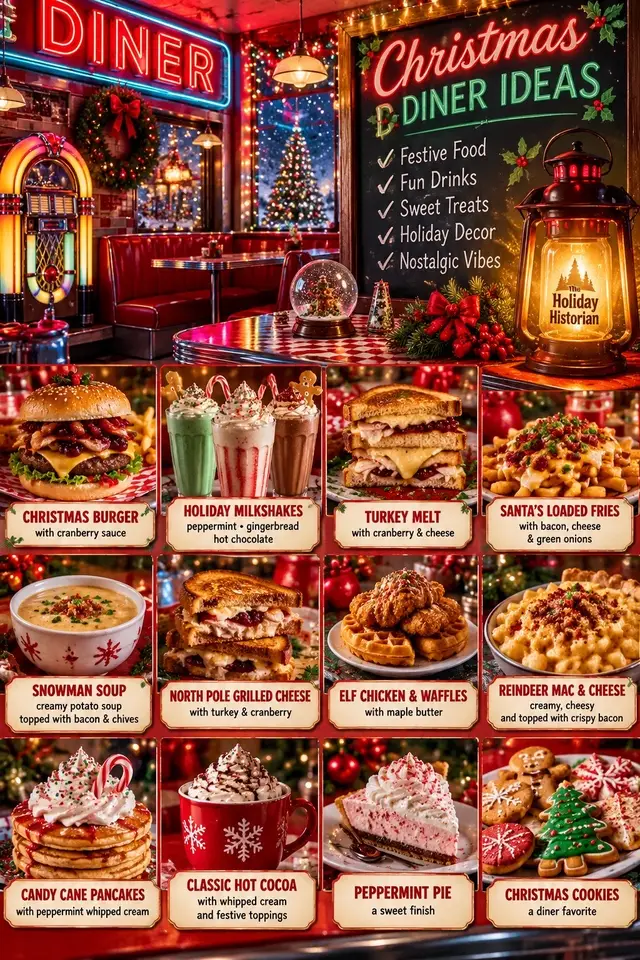 Step inside a cozy, old-fashioned Christmas diner where the jukebox is playing holiday classics, the lights are glowing, and the food is full of Christmas cheer! ❤️🎄 🍔 Christmas Burgers 🥤 Peppermint & Gingerbread Milkshakes 🥪 North Pole Grilled Cheese 🧇 Elf Chicken & Waffles ☕ Classic Christmas Hot Cocoa 🍪 Homemade Christmas Cookies ✨ Imagine enjoying these festive favorites in a nostalgic 1950s-style Christmas diner! 🎅 QUESTION: If you could order ONE thing from this Christmas diner, what would it be? 👇 🏮 The Holiday Historian — Every Holiday Has a Story! #Christmas2026 #ChristmasDiner #ChristmasFood #ChristmasNostalgia #HolidayHistorian     