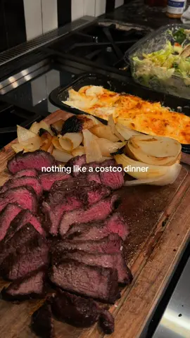 costco girly forevaaa!! ✨ Steak Cuts: New York strip & Sirlion steak  Sides: Grilled onions, scalloped potatoes, cesar salad  #costco #EasyRecipe #easymeals #dinner #DinnerIdeas 