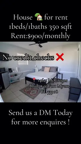 📍 14621 McGregor Blvd, # 9, Fort Myers, FL 33908  REQUEST A TOUR / Apply now Experience the essence of easy Florida living in this fully furnished, move-in-ready poolside studio, conveniently located just 5-10 minutes from the beach in South Fort Myers. About the Unit This cozy studio is fully equipped with all the essentials for a comfortable stay. - A spacious queen-size bed - A functional desk - A dresser and storage furniture for ample space - Two 32-inch Smart TVs for entertainment - A walk-in closet for your wardrobe needs - A private bathroom with a shower for your convenience Important Note Please note that this unit does not have a full kitchen. However, the studio does come with all the necessary appliances and amenities. - A refrigerator for storing your groceries - A microwave for quick and easy meals - Cabinet storage for additional storage space Everything is Included The landlord takes care of all the utilities and amenities, ensuring a hassle-free living experience. - Electricity - Water, sewer, and trash services - High-speed Wi-Fi for seamless connectivity - A premium HDTV cable package for entertainment - A fully furnished unit with all the necessary furnishings - Property security measures to keep you safe - Pest control services to maintain a clean and healthy living environment - Private assigned parking for your convenience - A private mailbox for your mail - Access to community amenities, such as a heated swimming pool, BBQ grills, outdoor picnic areas, a pet yard/play area, an onsite laundry facility, a shuffleboard court, and tropical landscaping. - A prime location in South Fort Myers, close to beaches, shopping, restaurants, entertainment, everyday conveniences, and flexible leasing options. Available Now! Choose from a month-to-month lease or a 6-month lease to suit your needs. Don’t miss out on this incredible opportunity to live in a fully furnished, move-in-ready poolside studio in South Fort Myers. Contact us today to schedule a viewing and experience the charm of Fountain Cottages for yourself.#florida #fortmyers #blowthisupforme #apartmenttour 