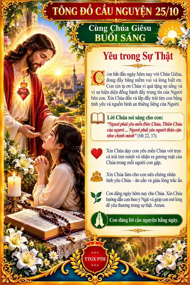 YÊU TRONG SỰ THẬT❤️❤️❤️      Con bắt đầu ngày hôm nay với Chúa Giêsu, đong đầy bằng niềm vui và lòng biết ơn. ❤️❤️❤️      Con xin tạ ơn Chúa vì quà tặng sự sống và vì sự hiện diện đồng hành đầy trung tín của Người bên con. ❤️❤️❤️      Xin Chúa đến và lấp đầy trái tim con bằng tình yêu và nguồn bình an thiêng liêng của Người.❤️❤️❤️     Lời Chúa soi sáng cho con: 