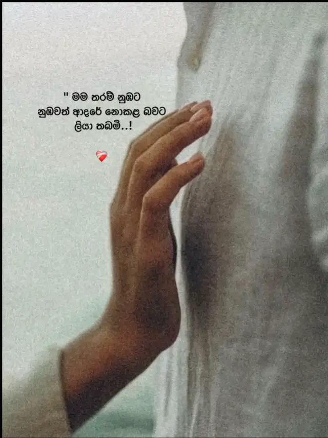 “මම තරම් නුඹට  නුඹවත් ආදරේ නොකළ බවට  ලියා තබමි..!”❤️‍🩹 මට තිබුණේ  නුඹව අයිති කරගන්න ආදරයක් නෙවෙයි,  නුඹ සතුටින් ඉන්නවා බලන්න  ආස කළ ආදරයක්...  නුඹේ එක වචනයකට  මගේ දවසම ලස්සන වුණා,  නුඹේ එක නිහඬකමකට  මගේ හිතම කඩා වැටුණා...  මම නුඹව මතක් නොකරපු  එක දවසක්වත් නැති තරම්,  ඒත් නුඹට මාව මතක් වුණාද කියලා  අදටත් මට හිතාගන්න බෑ...  මම තාමත් නුඹට ආදරෙයි ඒක නුඹ දන්නවද නැද්ද දන්නේ නැ... හැබැයි එක දෙයක් නම්  මගේ හිතේ හැමදාම ලියවිලා තියේවි— මම තරම් නුඹට  කවදාවත් නුබවත්  ආදරේ නොකරන්න ඇති...❤️‍🩹 #fyyyyyyyyyyyyyyyy #fypシ #creatorsearchinsights #srilankan_tik_tok🇱🇰 