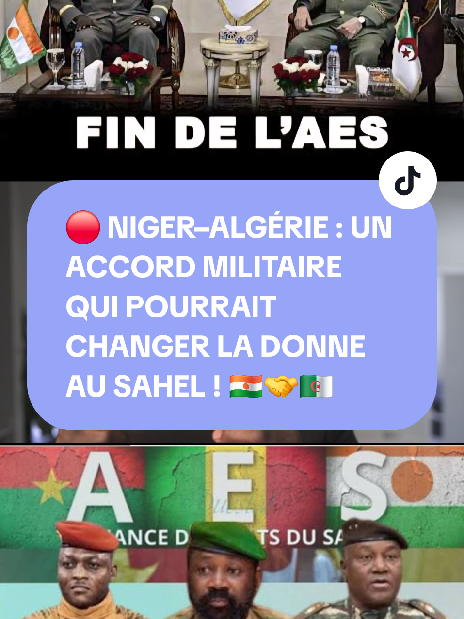 NIGER–ALGÉRIE : UN ACCORD MILITAIRE STRATÉGIQUE ! Niamey et Alger renforcent leur coopération contre le terrorisme et pour sécuriser leurs frontières. Quel impact pour la sécurité au Sahel et l’avenir de l’AES ? L’Algérie peut-elle devenir un partenaire clé de l’Alliance ? 💬 Votre avis en commentaire ! #Niger #Algérie #AES #Sahel #Géopolitique 