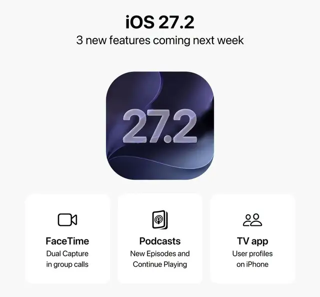 iOS 27.2 is expected next week, and it brings three new features to your iPhone: Dual Capture now works in group FaceTime calls, Podcasts gets new New Episodes and Continue Playing sections, and the TV app adds user profiles on iPhone.