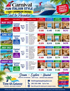 YOUR NEXT CARIBBEAN GETAWAY COULD COST LESS THAN YOU THINK! What if your next vacation included turquoise waters, beautiful Caribbean destinations, incredible onboard entertainment, and seven unforgettable days at sea — without spending a fortune? Time 4A Getaway has four Carnival cruise options to explore for May, June, July, and August 2027! HERE'S WHAT YOU NEED TO KNOW: May 2027: Carnival Venezia — 7-Day Western Caribbean June 2027: Carnival Vista — 7-Day Eastern Caribbean July 2027: Carnival Vista — 7-Day Eastern Caribbean August 2027: Carnival Breeze — 7-Day Western Caribbean Interior staterooms start at just $1,092 total for two guests in May, $1,878 in June, $1,684 in July, and $1,206 in August. Taxes and fees are included in the advertised totals. Want an ocean-view room, balcony, or suite instead? There are options for different vacation styles and budgets. Imagine yourself relaxing on a Caribbean beach, exploring beautiful ports, enjoying delicious food, and making memories you'll talk about for years. Which month would you choose? YOUR BOOKING SERVICE IS FREE! COMMENT “CRUISE” BELOW for more information about the sailing dates, itineraries, stateroom options, and pricing. Let's find the cruise that fits your getaway plans! Save this post for when you're ready to book. Time 4A Getaway Travel Advisor Koren Email: timeforagetaway@myyahoo.com Call or Text: (561) 203-1988 All fares are subject to availability and change. Prices are per person unless otherwise specified; the advertised totals above are for two guests sharing a stateroom and include taxes and fees. Final pricing depends on availability, selected stateroom, and booking conditions. #CarnivalCruise #CruiseDeals #Cruise #CruiseVacation #Travel        