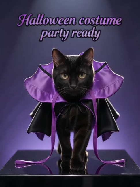 Your cat is the villain of this Halloween 🧙‍♀️ Reversible purple & black satin cape, the most iconic witch costume for cats and small dogs. Tie-on design, super easy to put on, perfect for spooky photos and Halloween parties. My cat just served Halloween villain vibes 😈 Purple witch cape for cats & small dogs #CatHalloween #PetCostume  #Halloween