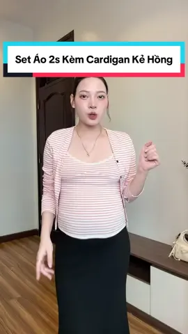 Set Áo 2s Kèm Cardigan Kẻ Hồng#thuyday 