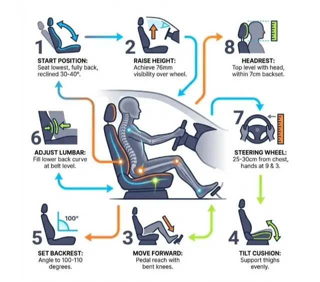 Master your seat position in 8 steps and keep your body right for the long haul. 💨 #Trucker #CDLLife #TruckDriver #TruckingTips #PostureCheck  