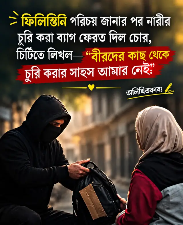 ​সামাজিক যোগাযোগ মাধ্যমে ভাইরাল হওয়া এক হৃদয়স্পর্শী ঘটনা— এক চোর ভুলবশত এক নারীর হ্যান্ডব্যাগ চুরি করেছিল। কিন্তু ব্যাগের ভেতর থাকা নথিপত্র ও পরিচয়পত্র দেখে যখন সে বুঝতে পারল যে নারীটি ফিলিস্তিনের নাগরিক, তখন তার মানসিকতা সম্পূর্ণ বদলে যায়।  ​ব্যাগটি তো সে অক্ষত অবস্থায় ফেরত দিলই, সাথে রেখে গেল একটি চিরকুট। আর সেই চিঠিতে সে লিখেছিল— ​“আমাকে ক্ষমা করে দিন। আমি জানতাম না যে আপনি ফিলিস্তিনি। বীরদের এই রক্তিম মাটির মানুষের কাছ থেকে চুরি করার দুঃসাহস আমার নেই।” ​ফিলিস্তিনের জনগণের প্রতি সাধারণ মানুষের এই সম্মান, ভালোবাসা আর তাদের আপসহীন সংগ্রামের প্রতি গভীর শ্রদ্ধা সত্যিই আমাদের নাড়া দিয়ে যায়। গাজার বীরদের প্রতি বিশ্ববাসীর এই আবেগ ও ভালোবাসার শেষ নেই! ❤️ ​#Palestine #FreePalestine #Humanity #ViralStory #Respect   🇵🇸