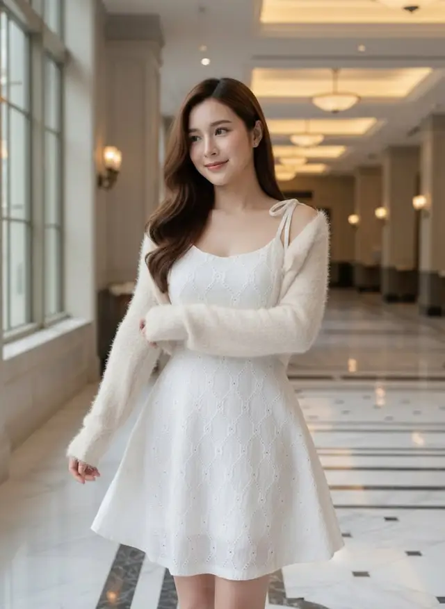 ဒီ Look ကတော့ တကယ့် Main Character Energy ပဲ! 🤍 Hotel Lobby ထဲ ဝင်သွားလိုက်တာနဲ့ လူတိုင်း ငေးသွားစေမယ့် Ariana ရဲ့ Soft Girl Vibe လေးက တကယ်ကို အသက်။ ကျိန်ပြောတာ... ဒီလို White Mini Dress နဲ့ Cream Knit Cardigan တွဲဝတ်ထားတဲ့ ပုံစံမျိုးက ကိုယ့် Crush ရှေ့တင်မကဘူး၊ တစ်လောကလုံး ရှေ့မှာပါ Confidence Level ကို 999% ထိ ဆွဲတင်ပေးနိုင်တာ။ အဖြူရောင်ဆိုတာကလည်း ဘယ်တော့မှ ရိုးမသွားတဲ့အပြင် 