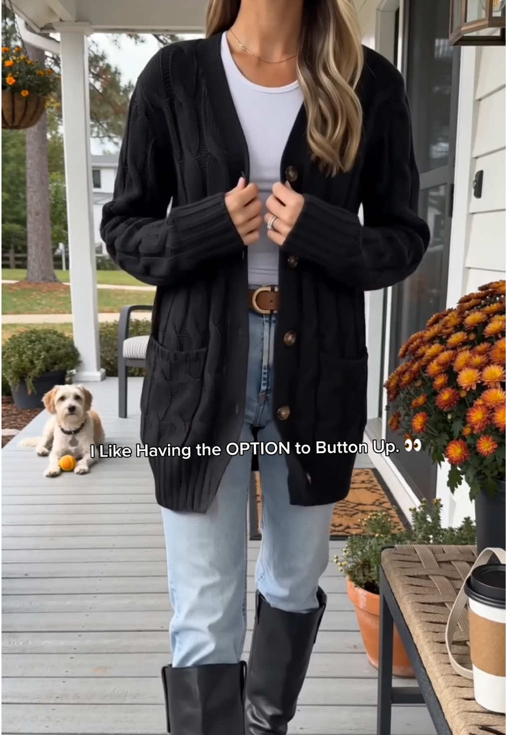 Five buttons, deep pockets, and a cozy cable-knit texture. 🖤 I’m wearing a small. Now I just need help deciding which color deserves a spot in my closet. 🍂 #blackfriday #ComfyStyle #OOTD #cardigan #cardigan 