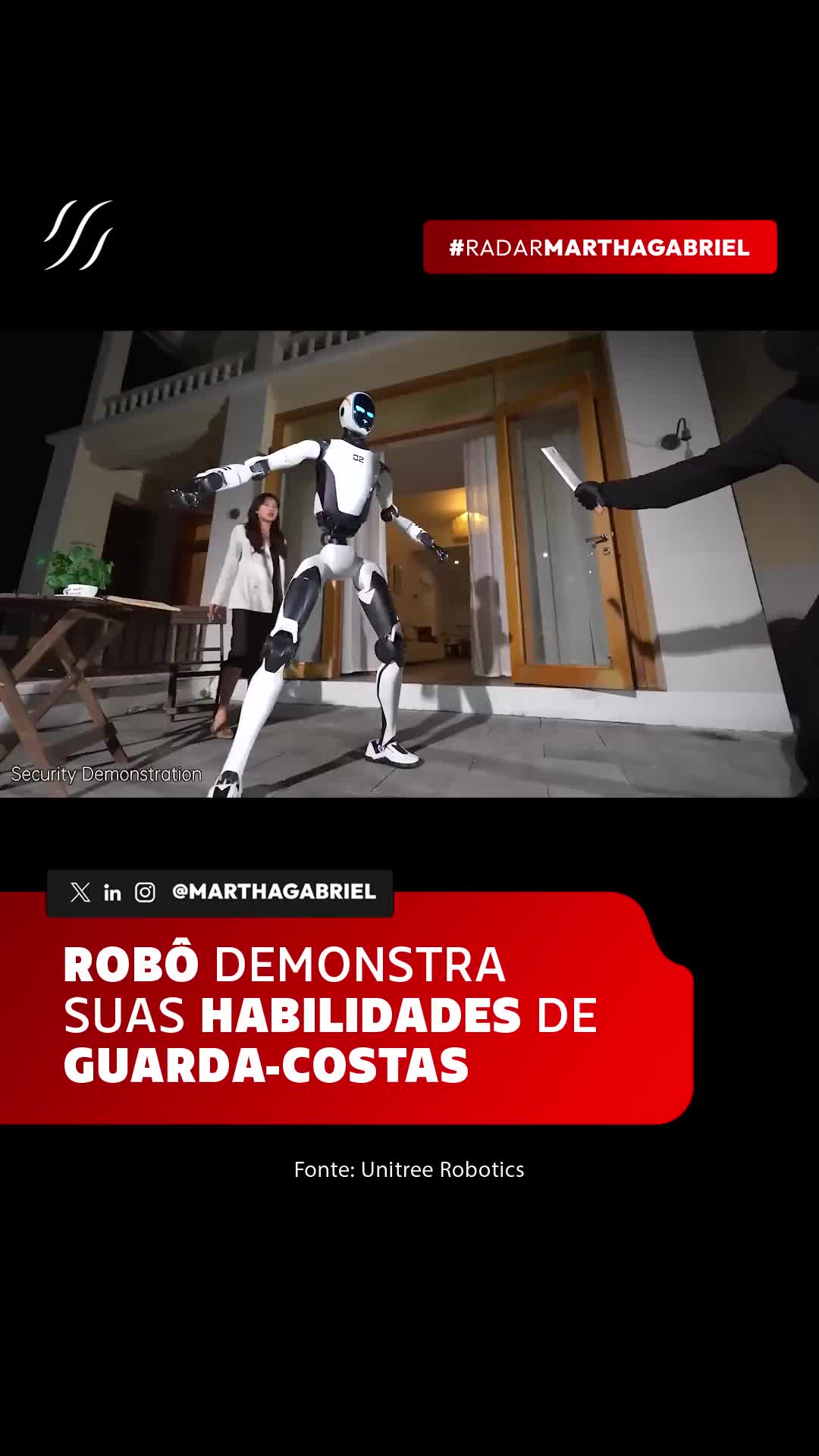 A Unitree apresentou o **H2-X Kung Fu Legend Guardian**, um robô humanoide desenvolvido para demonstrar força, agilidade e possíveis aplicações em SEGURANÇA e RESGATE. No vídeo, o H2-X executa artes marciais, chutes voadores e acrobacias. Em uma das cenas, amassa a porta de um carro com um chute. Em outra, salta de uma plataforma de cerca de quatro metros, gira no ar e recupera a postura após a aterrissagem. O robô também aparece em situações encenadas de proteção, defendendo uma pessoa de um agressor e levantando a parte dianteira de um carro para auxiliar em um resgate. A Unitree ainda não informou se todas as ações foram realizadas de forma AUTÔNOMA, por controle remoto ou com movimentos programados. Mesmo assim, robôs humanoides estão evoluindo da simples locomoção para interações físicas cada vez mais complexas com o mundo real. Você confiaria sua segurança a um robô humanoide?
