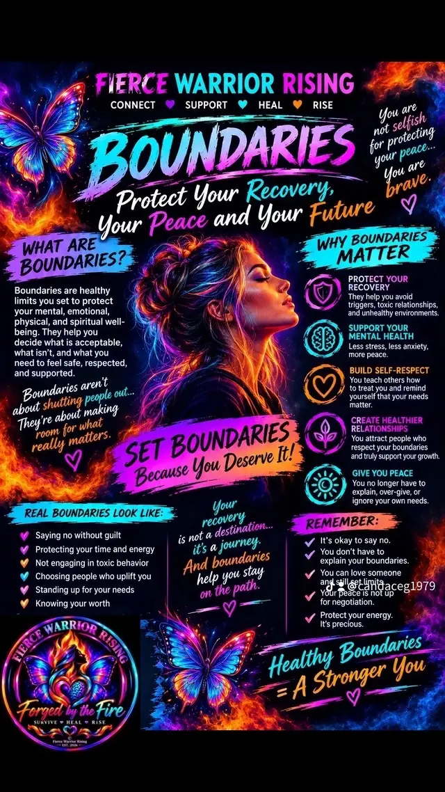 Setting boundaries isn’t about shutting people out; it’s about protecting your peace, your recovery, and the future you’re working so hard to build. ❤️‍🩹 You have the right to say no, walk away from toxic situations, and choose what is healthy for your life without feeling guilty. Not everyone will understand your boundaries, and that’s okay — your healing doesn’t require everyone’s approval. Remember, you can love someone and still protect yourself from their behavior. You’ve fought hard to get where you are, warrior, and you deserve a future where your peace is protected, your recovery is valued, and your well-being comes first. 💜🔥🦋 #fiercewarriorrising  #warriorrecovery  #addictionrecovery  #recoveryispossible  #fyp @❤️‍🩹Rainy🚍ShortBus🚍Fam❤️‍🩹 @aubreybabe1994 @Sweet T❤️‍🩹Short🚍Busfam❤️‍🩹 @tiffaniking6 @Debsbeautifullybroken🚍SB💜 @❌️ Lea 🐿🥜🌰❌️BrokenandRising @Author_misssissy @GangstaGrammy❤️‍🩹🚍❤️‍🩹SBF 