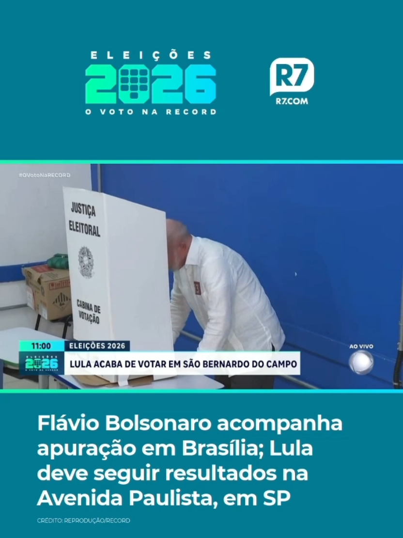 O candidato à Presidência, Flávio Bolsonaro, acompanha a apuração dos votos em Brasília. Já o presidente Luiz Inácio Lula da Silva deve assistir aos resultados na Avenida Paulista, em São Paulo. O presidente do TSE, Kassio Nunes Marques, votou em Brasília.  Acompanhe a cobertura multiplataforma das Eleições 2026 na RECORD, no @recordplus, @recordnews e no R7.com⁣⁣ #OVotoNaRECORD #Eleições2026 ⁣