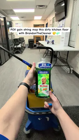 POV @Mr. Clean gain string mop this dirty breakroom kitchen floor with double dirty water dump at the end 😎🧼 #CleanTok #cleaningasmr #satisfyingcleaning #mopping #industrialcleaning 
