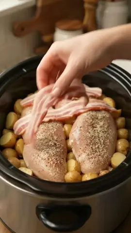 Slow Cooker Angel Chicken
 Ingredients
 ○ 4 boneless, skinless chicken breasts
 ○ 1 stick of butter (about 1/2 cup)
 ○ 1 can (10.5 oz) golden mushroom soup
 ○ 1 block (8 oz) cream cheese
 ○ 1 packet dry Italian dressing mix
 Directions
 1. Set up the chicken. Put the chicken breasts at the bottom of your
 slow cooker. Lay them flat in one even layer so they cook at the
 same speed.
 2. Add the other ingredients. Place the whole stick of butter on top of
 the chicken. Pour the golden mushroom soup over the chicken and
 spread it out with a spoon. Set the block of cream cheese on top.
 Then sprinkle the dry Italian dressing mix over everything.
 3. Cook it slowly. Put the lid on the slow cooker. Cook on low for 4 to 6
 hours, or on high for 2 1/2 to 3 1/2 hours. The chicken is ready when
 it is cooked all the way through and is soft enough to pull apart with a
 fork. Try not to lift the lid while it cooks, because the heat will escape.
 4. Stir the sauce. When the time is up, stir the sauce well until it is
 smooth and creamy. The melted butter and cream cheese will mix
 together as you stir. If you like, spoon some extra sauce over the
 chicken.
 5. Serve and enjoy. Scoop the chicken and sauce over angel hair
 pasta, rice, mashed potatoes, or egg noodles. Add your favorite side,
 and dinner is ready. #quickmeals #homecooking #mealprep #EasyRecipe #DinnerIdeas 