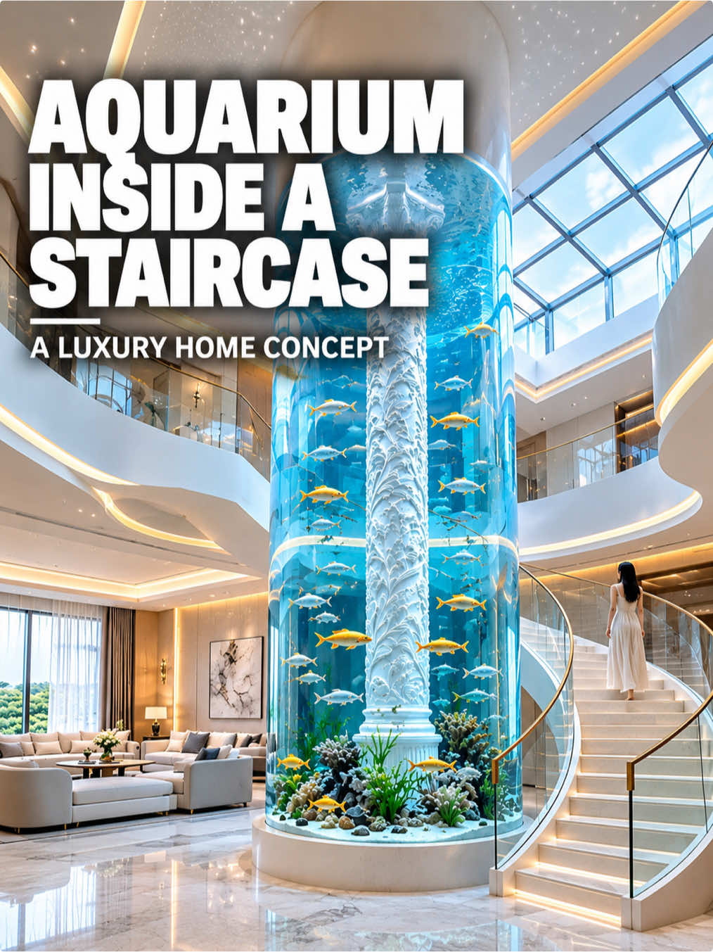 A Staircase, a Giant Aquarium, and One Incredible Home #CylindricalAquarium #AcrylicAquarium #CustomAquarium #AquariumArchitecture #luxuryaquarium 