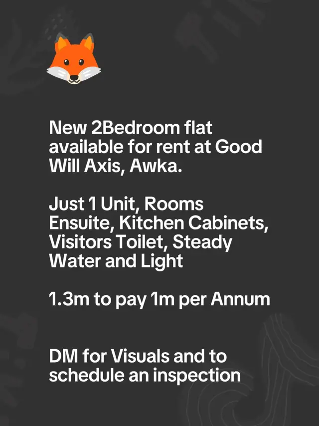 New 2Bedroom flat available for rent at Good Will Axis, Awka. Just 1 Unit, Rooms Ensuite, Kitchen Cabinets, Visitors Toilet, Steady Water and Light  1.3m to pay 1m per Annum  DM for Visuals and to schedule an inspection #forrent #apartment #apartmentforrent #realtorchinyeredominic #awka 