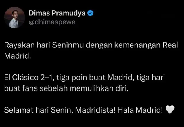 Senin pagi, kopi di tangan, senyum di wajah. Soalnya Madrid menang El Clásico 2–1. 🤍 Minggu ini biar Madridista yang bahagia, fans sebelah yang banyak berdoa. Hala Madrid! 😎 #RealMadrid #HalaMadrid #ElClasico #Madridista #ViscaBarca