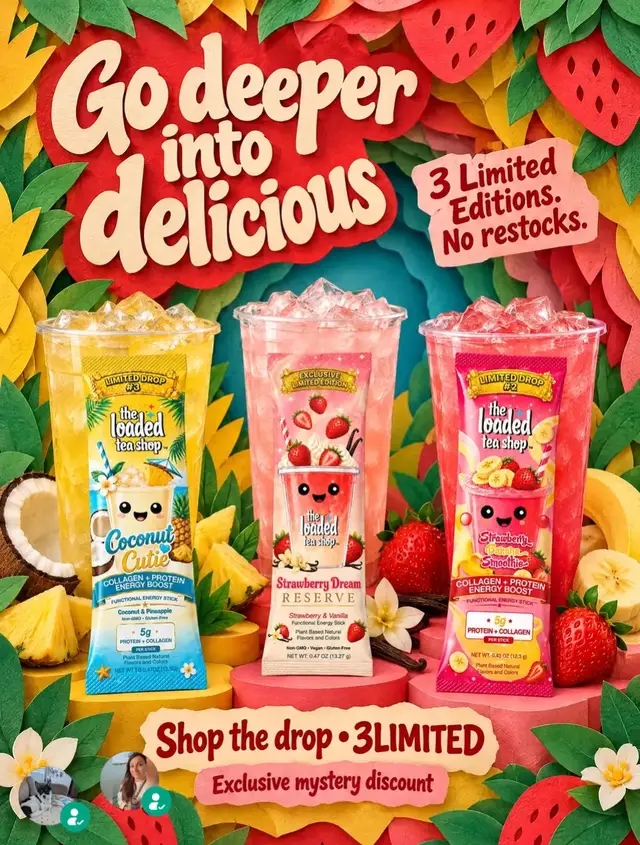 NEW LIMITED DROP: 3 LIMITED EDITIONS ARE LIVE NOW 🍓 🥥 COCONUT CUTIE Limited Edition #3! Brand new. Never dropped before. Bright, juicy pineapple that melts into a smooth, creamy coconut finish. Just like an ice cold piña colada plus 5g collagen + protein. 🍓 STRAWBERRY DREAM RESERVE The Costco exclusive you begged us to bring online. On our site for the very first time. Sweet, juicy strawberry with a smooth, dreamy vanilla finish. 🍓🍌 STRAWBERRY BANANA SMOOTHIE It's finally back! Creamy strawberry with a soft swirl of whipped banana, plus 5g collagen + protein. Think strawberry ice cream, ice cold. All three are true Limited Editions. That means small batches, limited quantities. Once they're gone, they're gone. ✨ Zero sugar, zero carbs ✨ 200mg of natural caffeine from green tea for steady energy, no crash ✨ A full B vitamin complex, plus Aloe, D3 and K2 ✨ No artificial colors or dyes, no aspartame ✨ 1 packet makes 32 to 64oz to hydrate all day ✨ Woman led, family run, built with integrity. Join millions of people who've made the clean switch from coffee, soda and energy drinks. 🚚 Free shipping on orders over $20. Grab all 3 and use code 3LIMITED for a mystery discount at ⤵️ https://www.theloadedteashop.com/AMBER73889