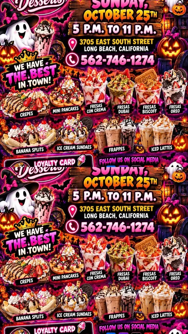 🍓🍫🔥 LONG BEACH, YOUR SWEETEST OBSESSION IS HERE! 🔥🍫🍓 🎃👻 HERNANDEZ DESSERTS IS OPEN TODAY! 👻🎃 😍 Craving something SWEET? Come discover why we have the BEST DESSERTS IN TOWN! 💖 🥞 Fluffy Mini Pancakes 🍓 Delicious Fresas con Crema 🍫 Famous Fresas Dubai, Biscoff & Oreo 🥐 Irresistible Crepes 🍌 Loaded Banana Splits 🍨 Ice Cream Sundaes 🥤 Creamy Frappes & Iced Lattes ☕ 🔥 ONE BITE AND YOU’LL BE HOOKED! 🔥 ⏰ Sunday, October 25 | 5 PM – 11 PM 📍 3705 East South Street, Long Beach, CA 📞 562-746-1274 🎟️ BUY 10, GET THE 11TH FREE! 🌐 HernandezHotDogs.com 📲 @Hernandez_hotdogs ❤️ Proudly family-owned! Come satisfy your sweet tooth and support our small business! 🍓💕 📸 TAG YOUR DESSERT-LOVING FRIENDS! 🔥 #LongBeachDesserts #LongBeachFoodies #LongBeachEats #LAfoodie #HernandezDesserts