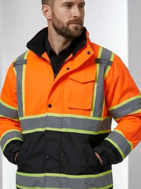 Built for cold shifts and low light. This sherpa lined hi vis parka in orange and black pairs a waterproof shell with a plush dark sherpa interior, 360 degree reflective tape with lime piping, a flap chest pocket, two hand pockets, an inside storage pocket, and a detachable hood, in sizes extra small to 4XL. Also in lime and black, black, and royal blue. #hivis #workwear #safetygear #winterworkwear #TikTokshopBlackFriday