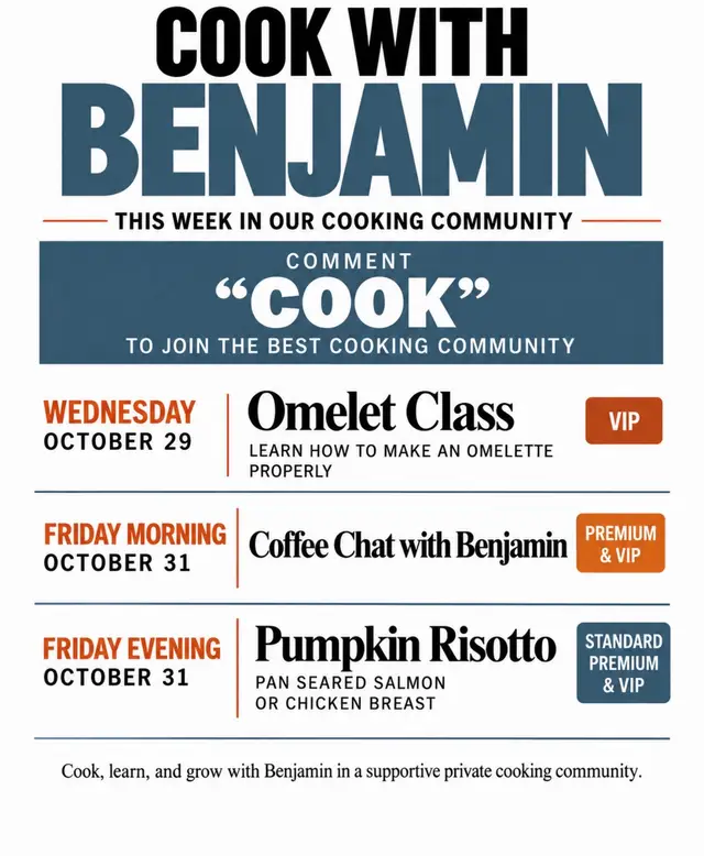 What if you could actually learn how to cook instead of just watching another cooking video? Comment COOK and come learn from me personally inside my private cooking community. This isn’t another place where you just collect recipes. You actually get to cook alongside me, ask questions, and learn step-by-step. I’ve got my cameras set up so you can see exactly what I’m doing, and I’ll explain not just HOW to cook something, but WHY we do it that way. And the best part? It’s a fun, supportive private community. No TikTok trolls, no judgment, just everyday people learning to become better cooks together. This week we’re making omelets, enjoying our Friday Coffee Chat, and cooking an amazing pumpkin risotto with pan-seared salmon. Don’t like salmon? Bring a chicken breast, and I’ll show you how to make it juicy. Plus, you’ll have access to over 450 recipes, classes, cooking tips, and techniques to keep learning at your own pace. Whether you’re brand new or have been cooking for years, there’s a place for you here. Comment COOK and start your 7-day free trial today. I’d love to have you join us this Friday.